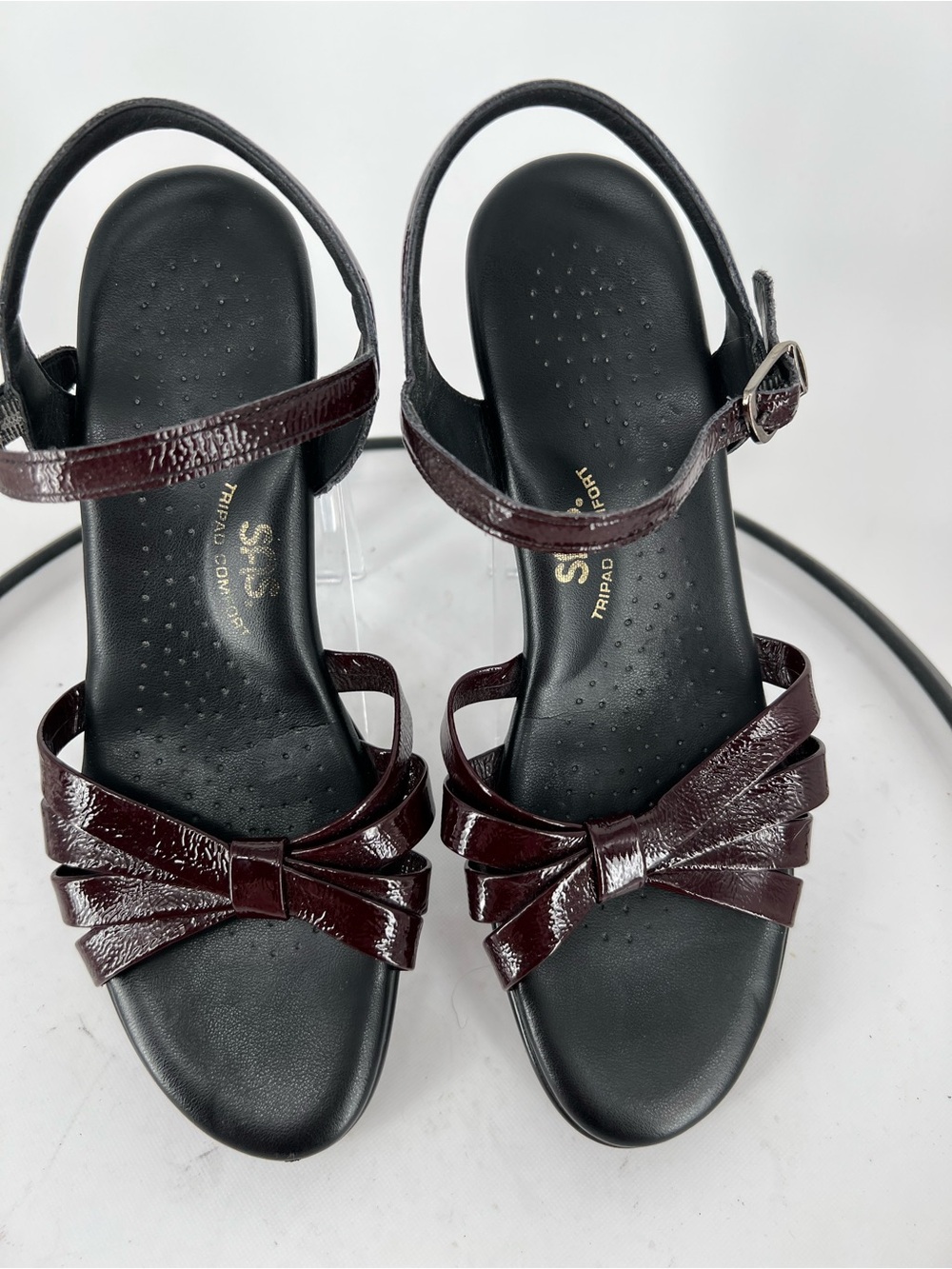 SAS Strippy Burgundy Patent Bow‎ Ankle-Strap Sandals in Deep Burgundy